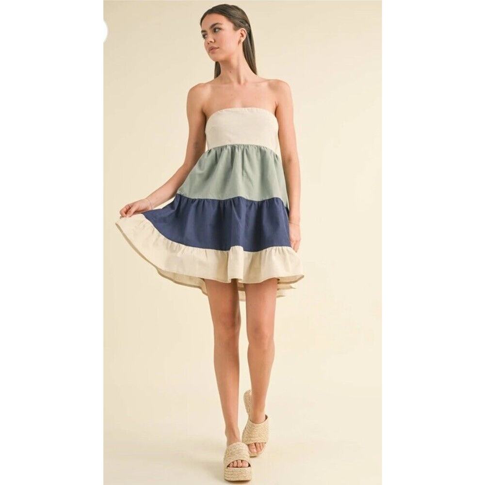 Klesis Mini Dress Large Linen Blend Colorblock Lined Tiered Smocking NWT $52